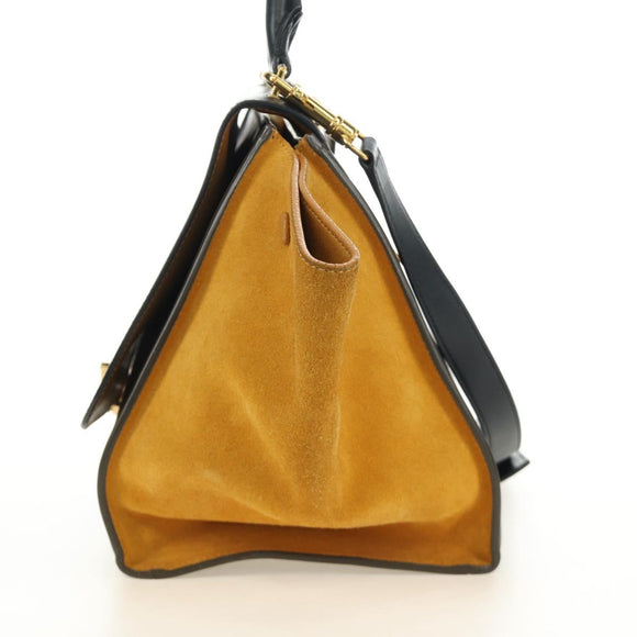 CELINE Trapeze Hand Bag Leather 2way Navy Gold Auth BA400
