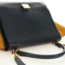 CELINE Trapeze Hand Bag Leather 2way Navy Gold Auth BA400-4