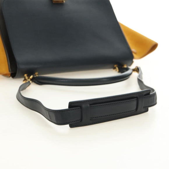 CELINE Trapeze Hand Bag Leather 2way Navy Gold Auth BA400