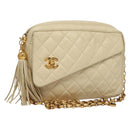 CHANEL Matelasse Chain Shoulder Bag Lamb Skin White Gold CC Auth BA4005-1