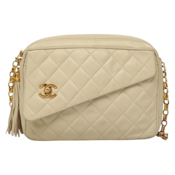 CHANEL Matelasse Chain Shoulder Bag Lamb Skin White Gold CC Auth BA4005