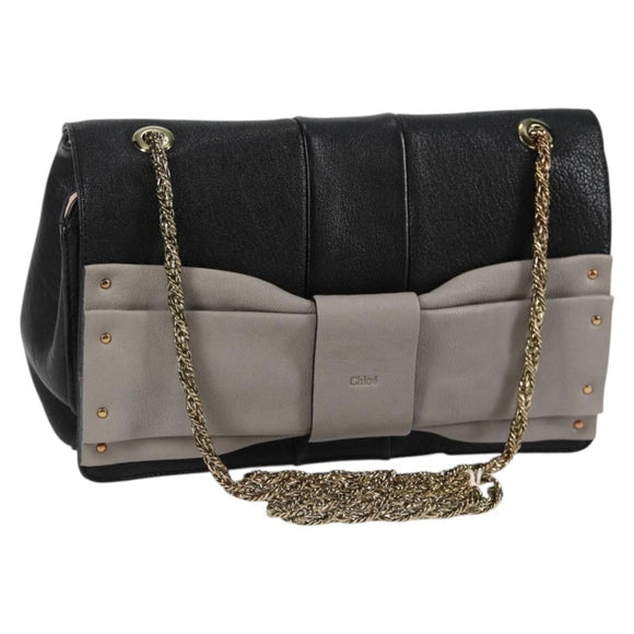 Chloe Chain June Shoulder Bag Leather Black Gold Auth BA4019V