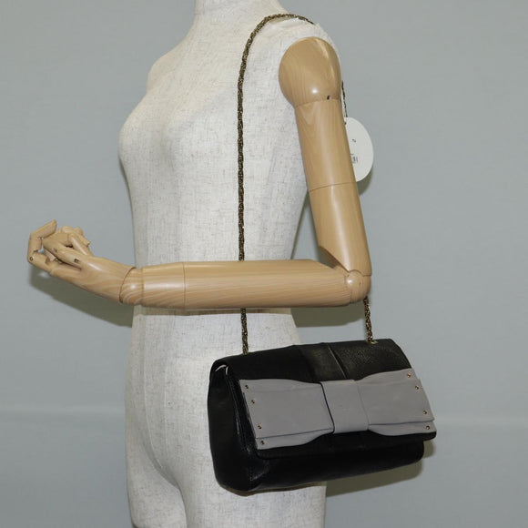 Chloe Chain June Shoulder Bag Leather Black Gold Auth BA4019V