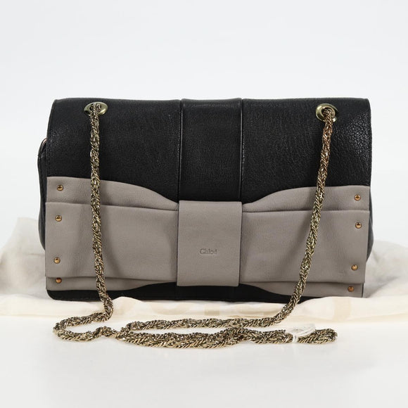 Chloe Chain June Shoulder Bag Leather Black Gold Auth BA4019V
