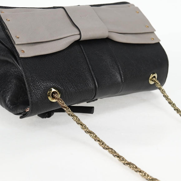 Chloe Chain June Shoulder Bag Leather Black Gold Auth BA4019V