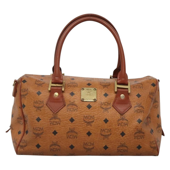 MCM Logogram Vicetos Boston Bag PVC Leather Brown Gold Auth BA4039