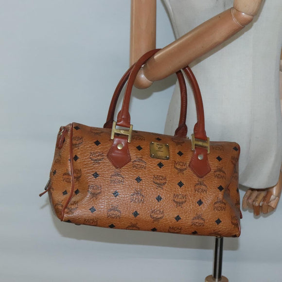 MCM Logogram Vicetos Boston Bag PVC Leather Brown Gold Auth BA4039