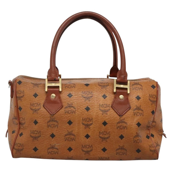 MCM Logogram Vicetos Boston Bag PVC Leather Brown Gold Auth BA4039