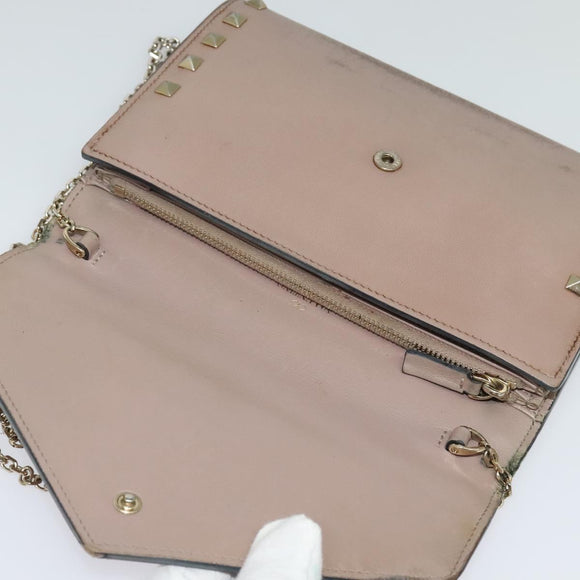 VALENTINO Studs Chain Shoulder Wallet Leather Pink Silver Auth BA4061