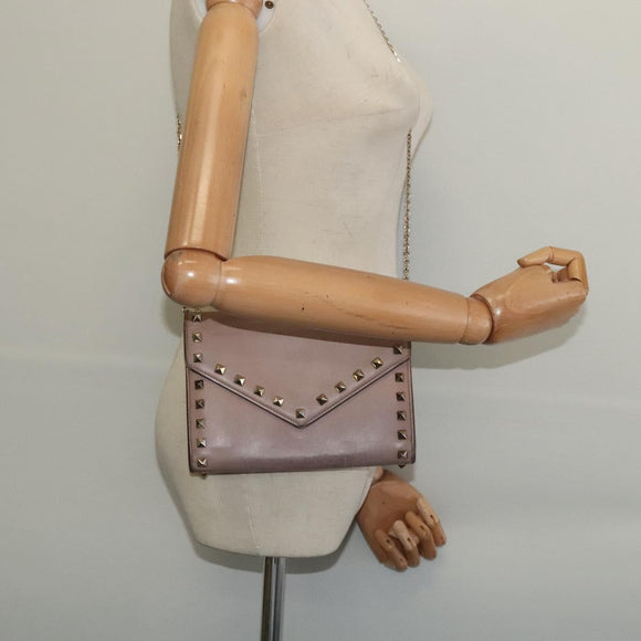 VALENTINO Studs Chain Shoulder Wallet Leather Pink Silver Auth BA4061