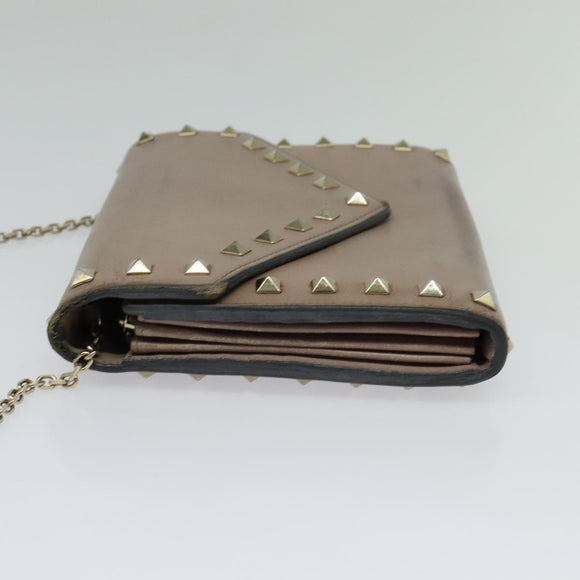 VALENTINO Studs Chain Shoulder Wallet Leather Pink Silver Auth BA4061