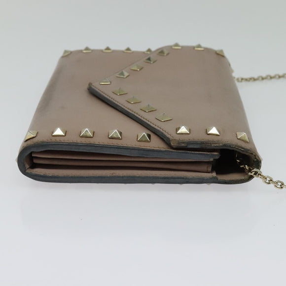 VALENTINO Studs Chain Shoulder Wallet Leather Pink Silver Auth BA4061