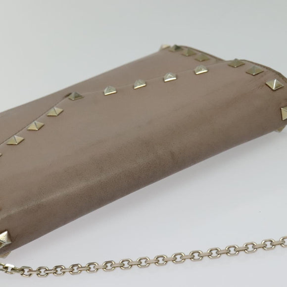 VALENTINO Studs Chain Shoulder Wallet Leather Pink Silver Auth BA4061