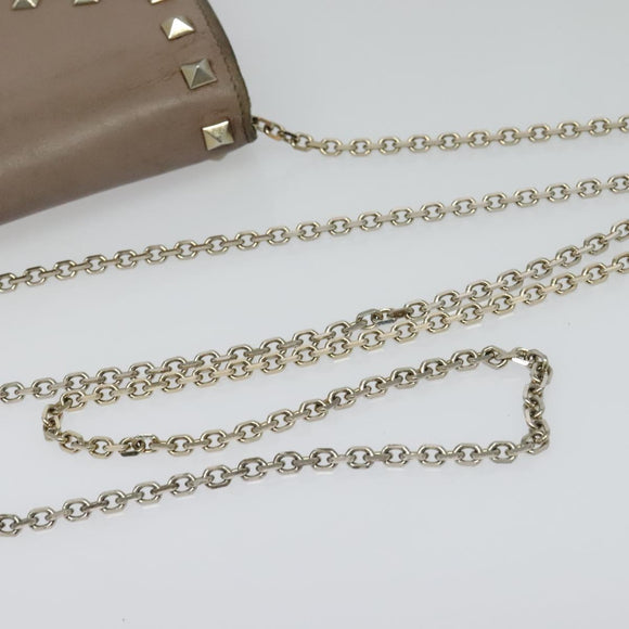 VALENTINO Studs Chain Shoulder Wallet Leather Pink Silver Auth BA4061