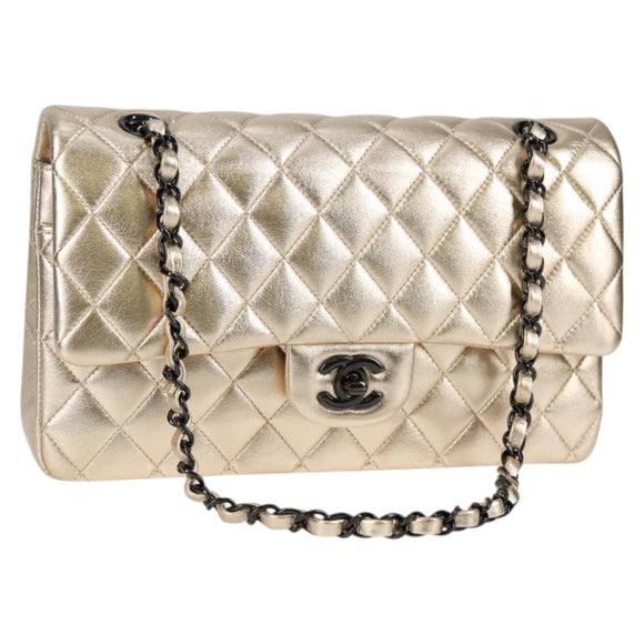 CHANEL Matelasse 25 Double Flap Chain Bag Lamb Skin Gold CC Auth BA4084SM