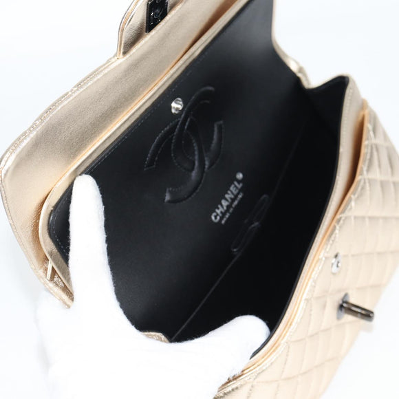 CHANEL Matelasse 25 Double Flap Chain Bag Lamb Skin Gold CC Auth BA4084SM