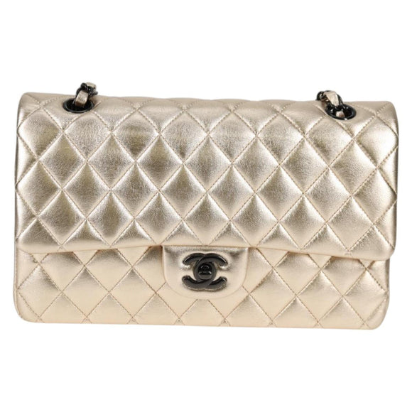 CHANEL Matelasse 25 Double Flap Chain Bag Lamb Skin Gold CC Auth BA4084SM