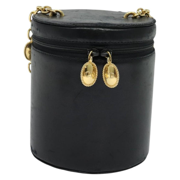 Christian Dior Chain Vanity Pouch Leather Black Gold Auth BA4097