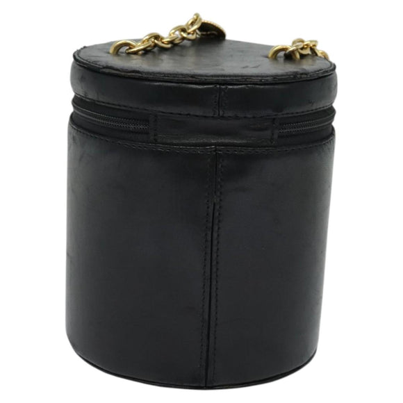 Christian Dior Chain Vanity Pouch Leather Black Gold Auth BA4097