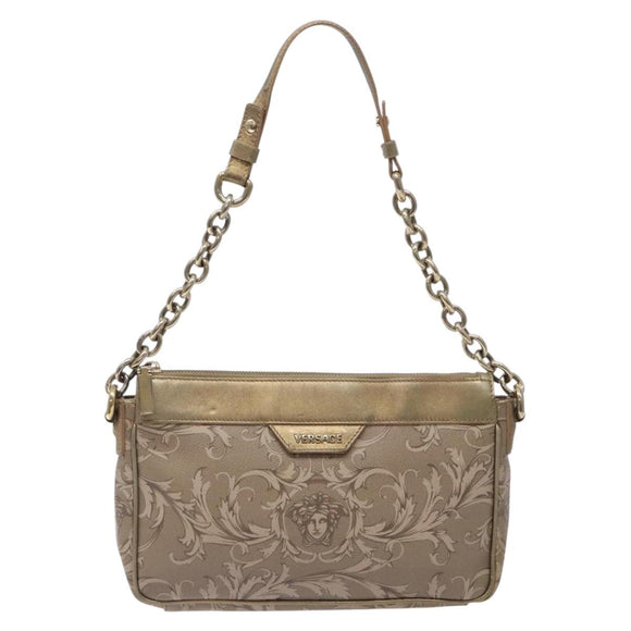 VERSACE Chain Shoulder Bag PVC Canvas Beige Gold Auth BA4156