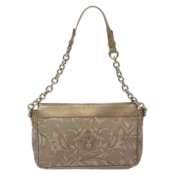 VERSACE Chain Shoulder Bag PVC Canvas Beige Gold Auth BA4156