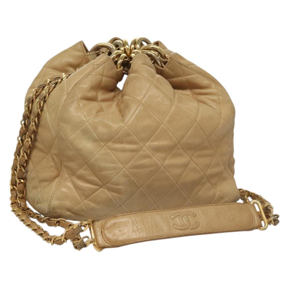 CHANEL Matelasse Chain Shoulder Bag Lamb Skin Beige Gold CC Auth BA4158