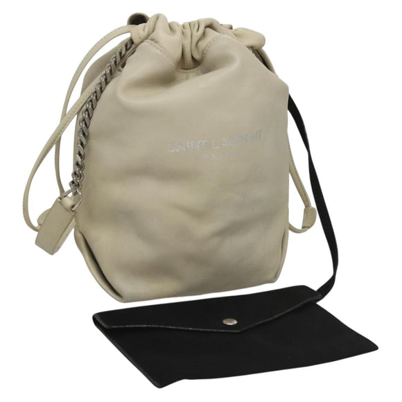 SAINT LAURENT Chain Teddy Small Shoulder Bag Leather White Silver Auth BA4161