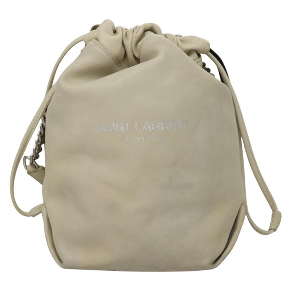 SAINT LAURENT Chain Teddy Small Shoulder Bag Leather White Silver Auth BA4161