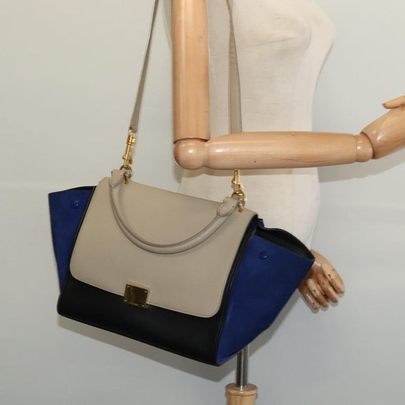 CELINE Trapeze Hand Bag Leather 2way Beige Gold Auth BA4167
