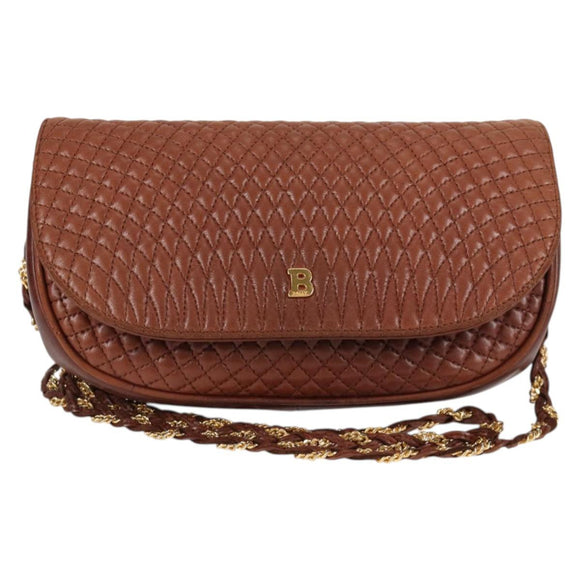 BALLY Quilted Shoulder Bag Leather Brown Gold Auth BA4180