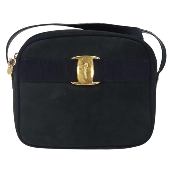 Salvatore Ferragamo Vala Shoulder Bag Suede Navy Gold Auth BA4188