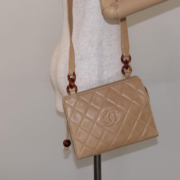 CHANEL Matelasse COCO Mark Chain Shoulder Bag Lamb Skin Beige CC Auth BA4210