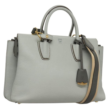 MCM Hand Bag Leather 2way Light Blue Gold Auth BA4220