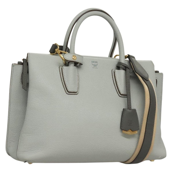 MCM Hand Bag Leather 2way Light Blue Gold Auth BA4220