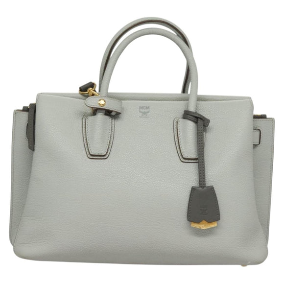 MCM Hand Bag Leather 2way Light Blue Gold Auth BA4220