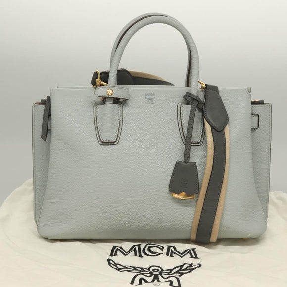 MCM Hand Bag Leather 2way Light Blue Gold Auth BA4220