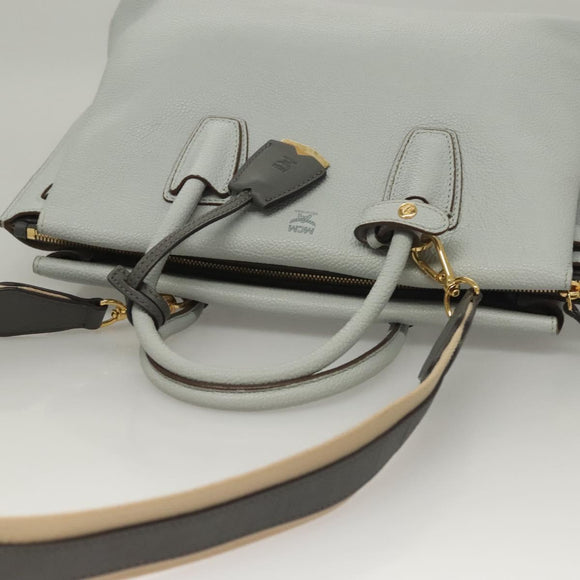 MCM Hand Bag Leather 2way Light Blue Gold Auth BA4220