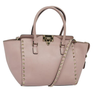VALENTINO Studs Hand Bag Leather 2way Pink Gold Auth BA4259