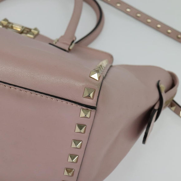 VALENTINO Studs Hand Bag Leather 2way Pink Gold Auth BA4259