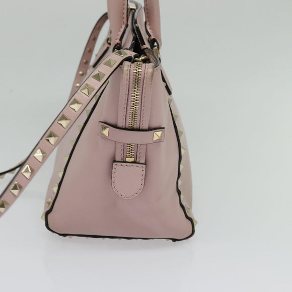 VALENTINO Studs Hand Bag Leather 2way Pink Gold Auth BA4259