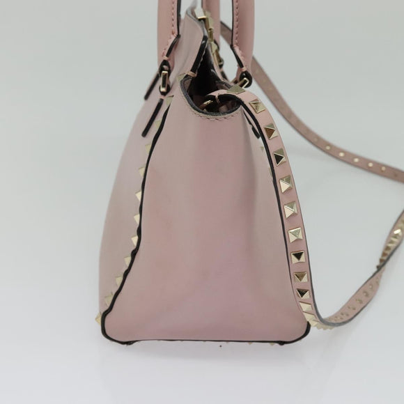 VALENTINO Studs Hand Bag Leather 2way Pink Gold Auth BA4259