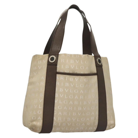 BVLGARI Logo Mania Tote Bag Canvas Beige Silver Auth BA4270