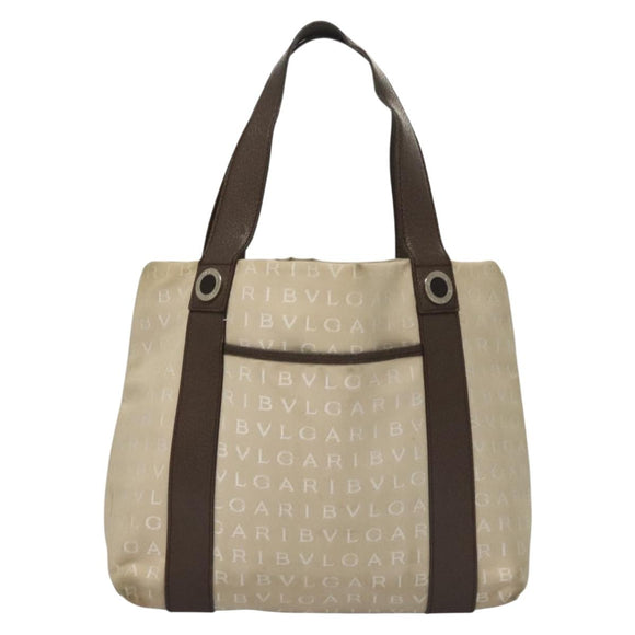 BVLGARI Logo Mania Tote Bag Canvas Beige Silver Auth BA4270