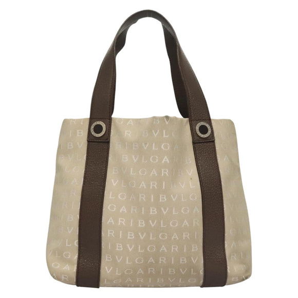 BVLGARI Logo Mania Tote Bag Canvas Beige Silver Auth BA4270