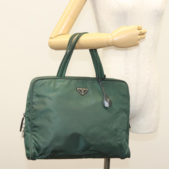 PRADA Hand Bag Nylon Khaki Silver Auth BA4277