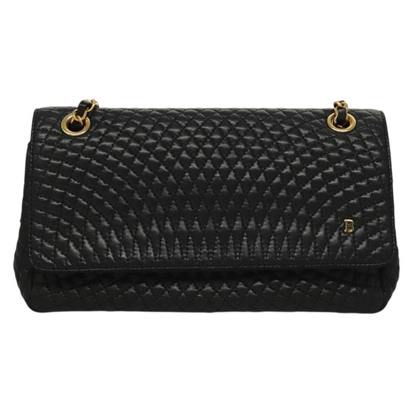 BALLY Quilted Chain Shoulder Bag Leather Black Gold Auth BA4302