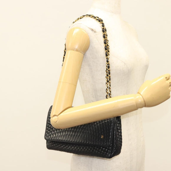 BALLY Quilted Chain Shoulder Bag Leather Black Gold Auth BA4302