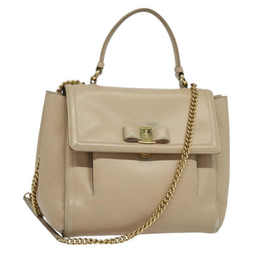 Salvatore Ferragamo Vala Hand Bag Leather 2way Beige Gold Auth BA4303