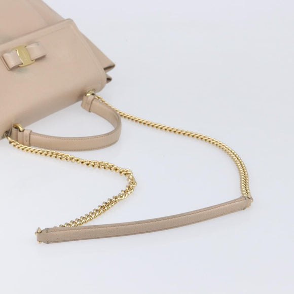 Salvatore Ferragamo Vala Handtasche Leder 2-Wege Beige Gold Auth BA4303