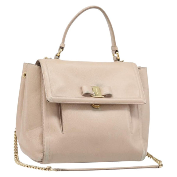 Salvatore Ferragamo Vala Handtasche Leder 2-Wege Beige Gold Auth BA4303